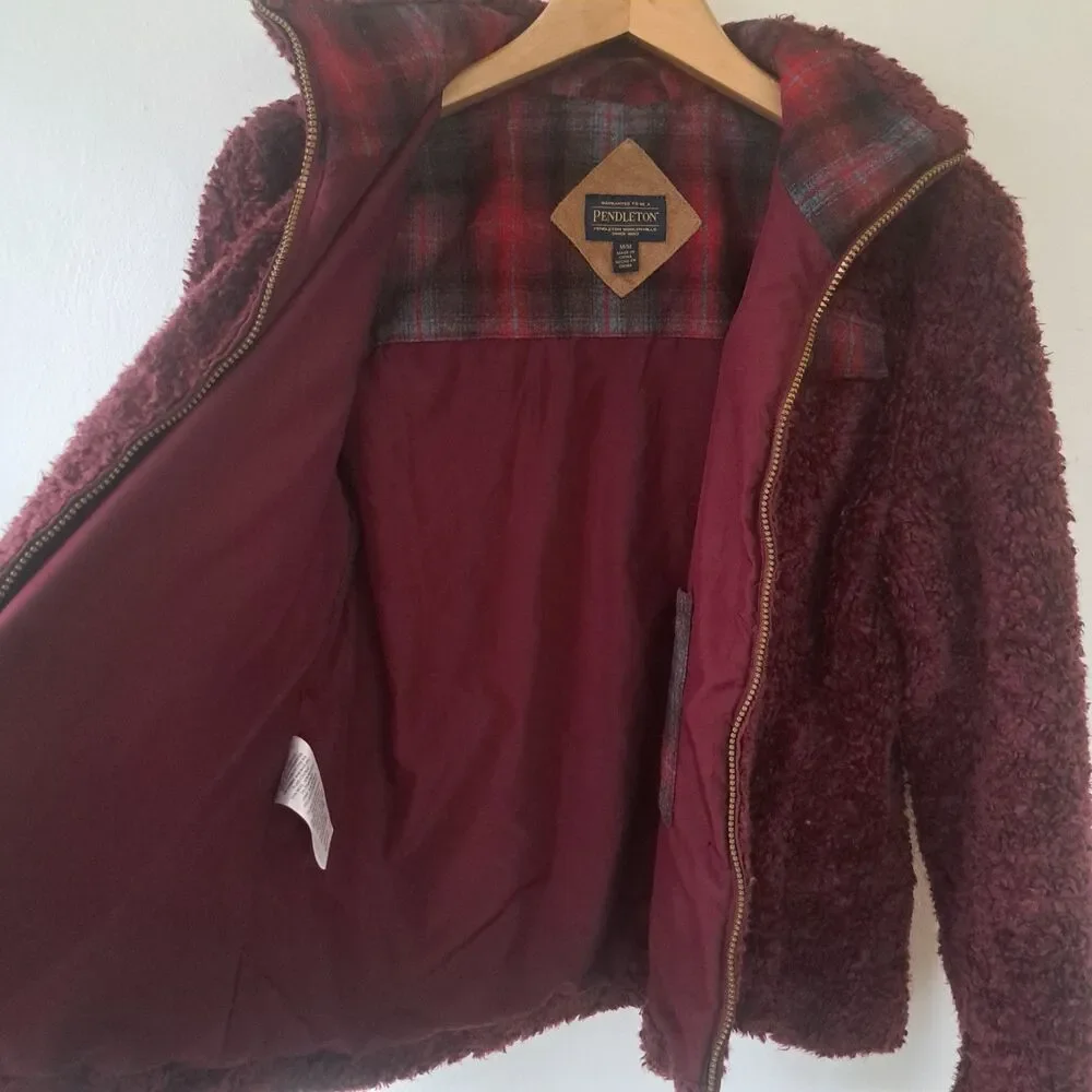 Pendleton Deep Pile Sherpa Burgundy Red Full Zip Plaid Women’s Medium Jacket - Picture 4 of 9